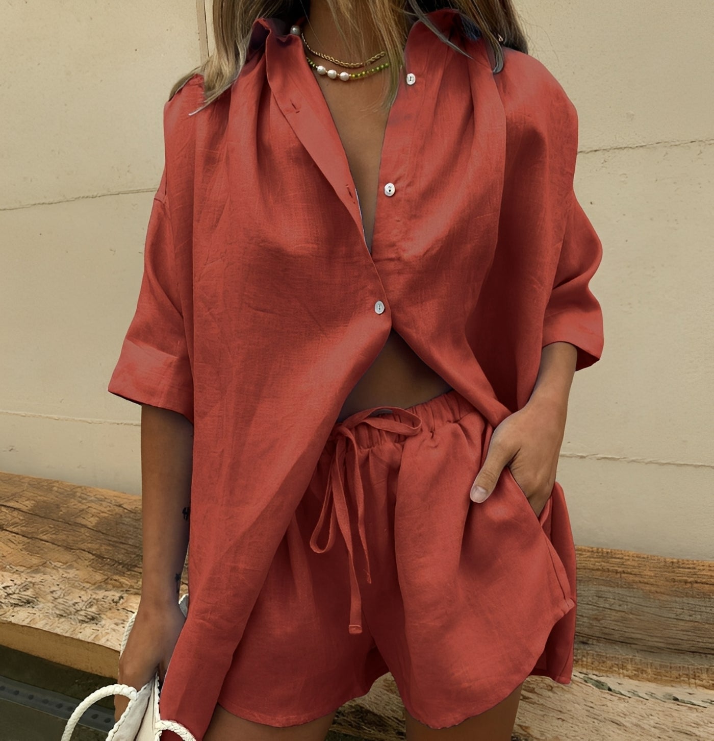 Abbie - Cooles Set mit weitem Hemd und Shorts für Damen