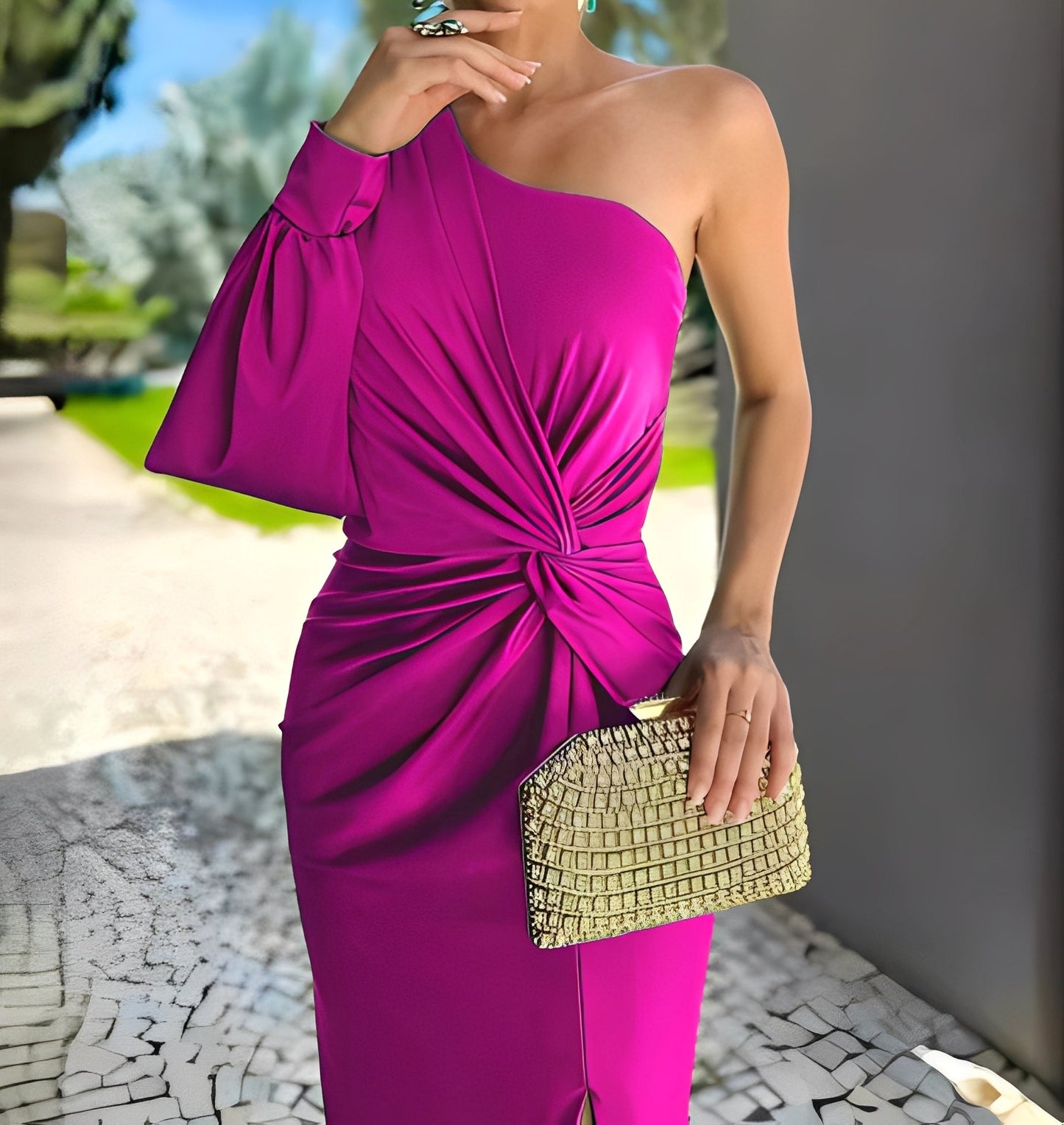 Erica - Langes Kleid mit asymmetrischer Schulter und Schlitz für Damen
