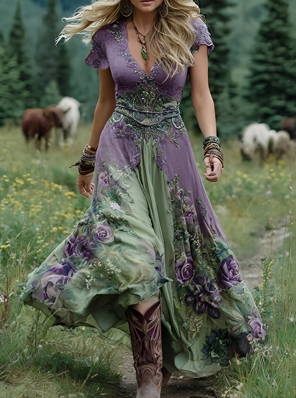 Erica - Elegantes, langes Kleid mit Blumenmuster für Damen