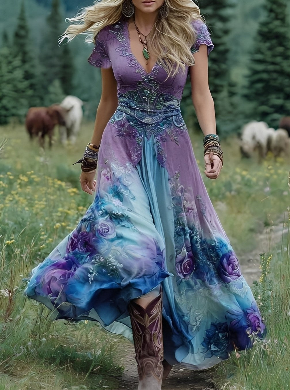 Erica - Elegantes, langes Kleid mit Blumenmuster für Damen