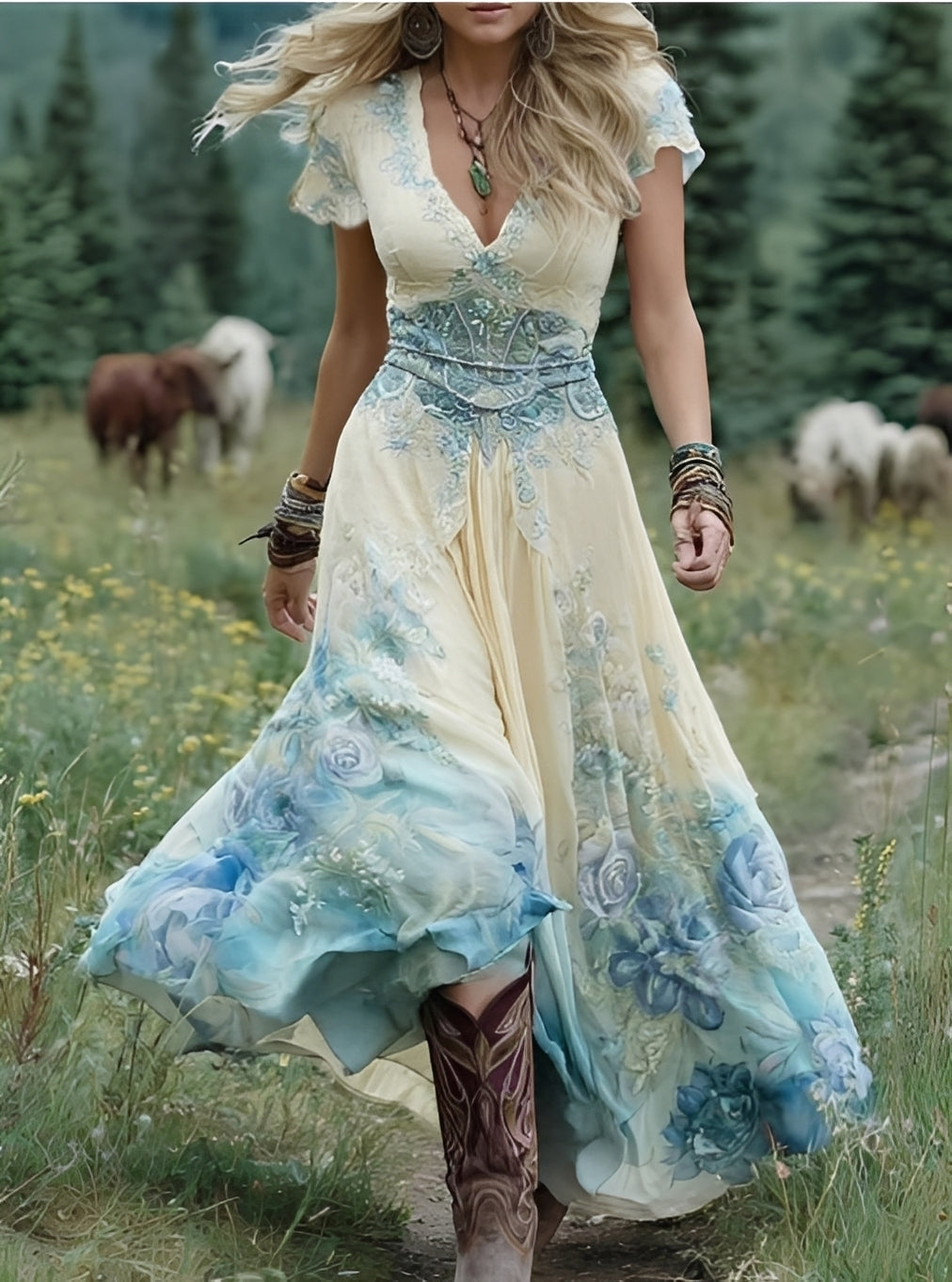 Erica - Elegantes, langes Kleid mit Blumenmuster für Damen