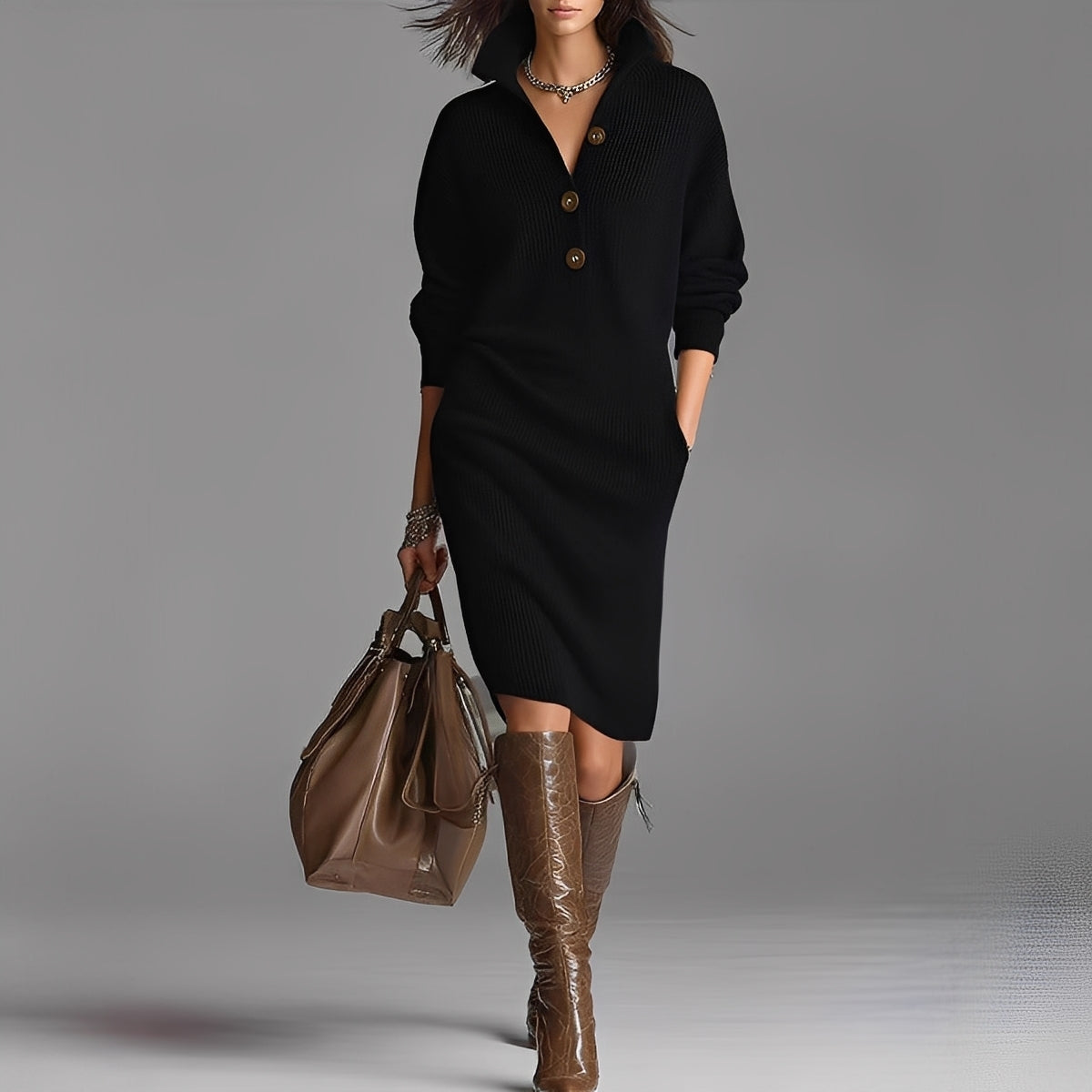 Camryn - Elegantes Strickkleid mit Knöpfen und Kragen für Damen