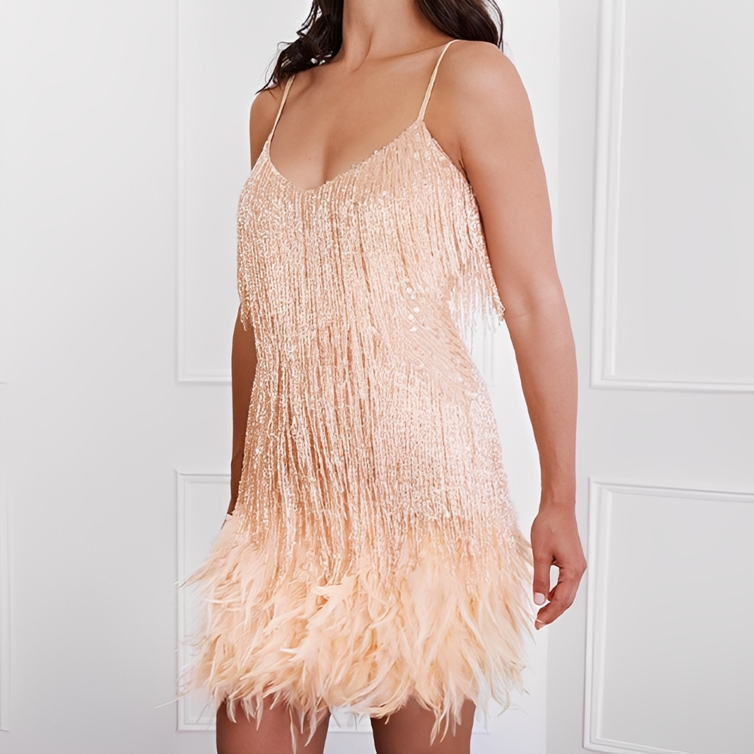 Monique - Elegantes Kleid mit Fransen und Federn für Frauen
