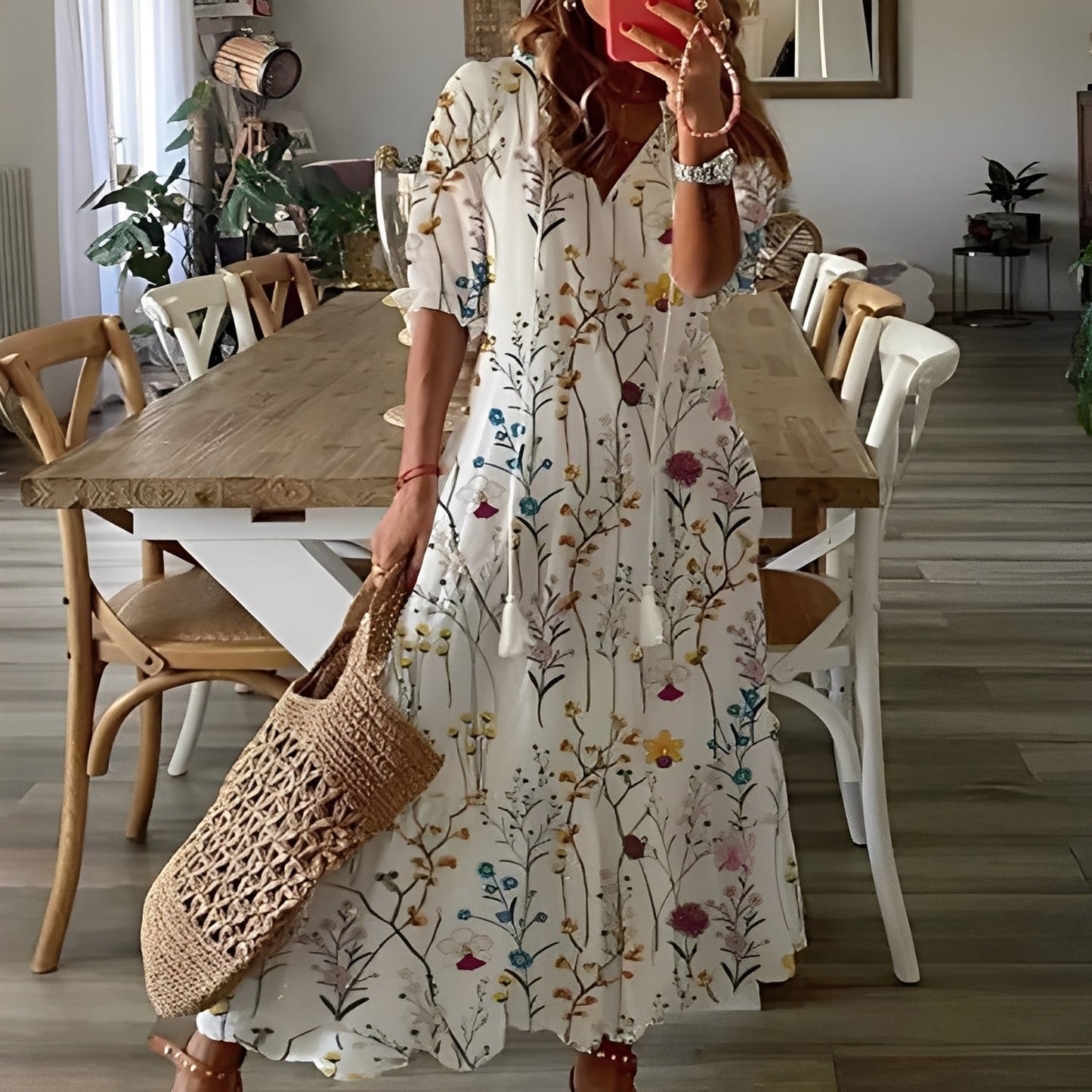 Domitille - Elegantes Kleid mit V-Ausschnitt, locker für Frauen